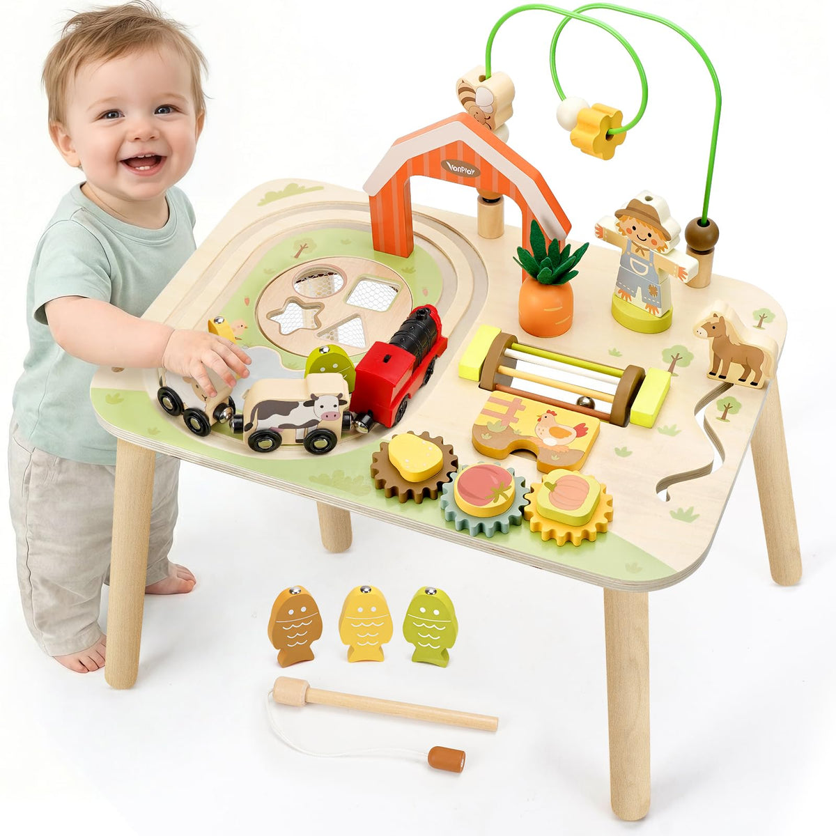 Vanplay Activity Table for 1 Year Old Boy Girl Birthday Gifts, Montessori Toys for 1 2 Year Old, 10 in 1 Wooden Sensory Play Table for Toddler 1-3, Learning Table for Baby 12M+ First Gifts