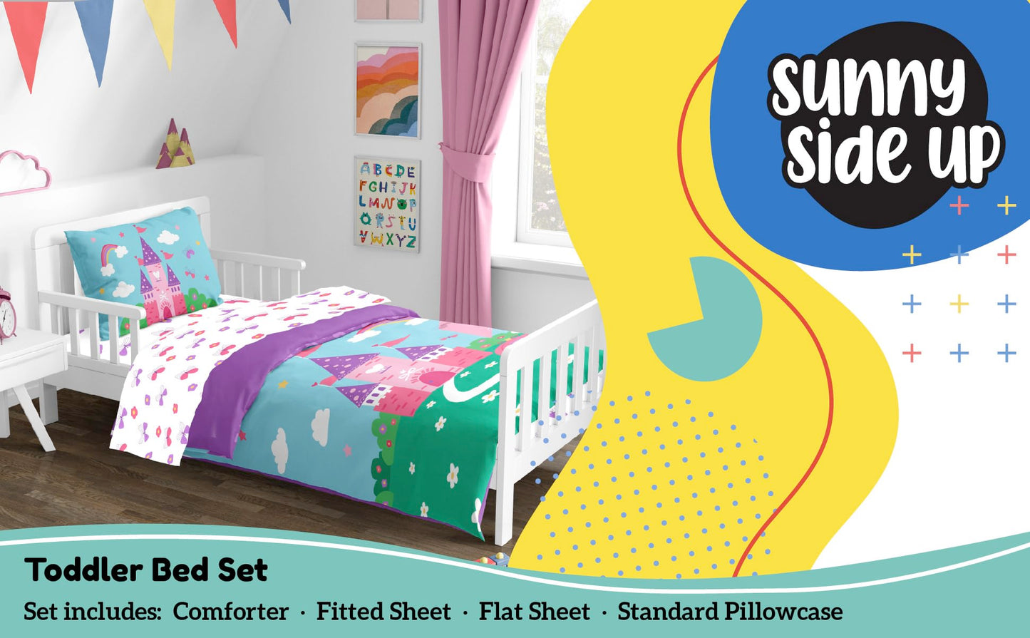 Sunny Side Up Magic Castle Toddler Comforter Set - 4 Piece Preschool Bedding Includes Comforter, Sheets & Pillow Cover - Super Soft Floral Microfiber Bed Set