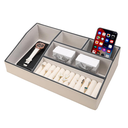 Fijxzct Faux Leather Valet Tray – 5-Compartment Desk Jewelry Trays, Phone Watch Organizer Catch-All Tray for Keys Wallet, Dresser Nightstand Office Entryway Storage (White)