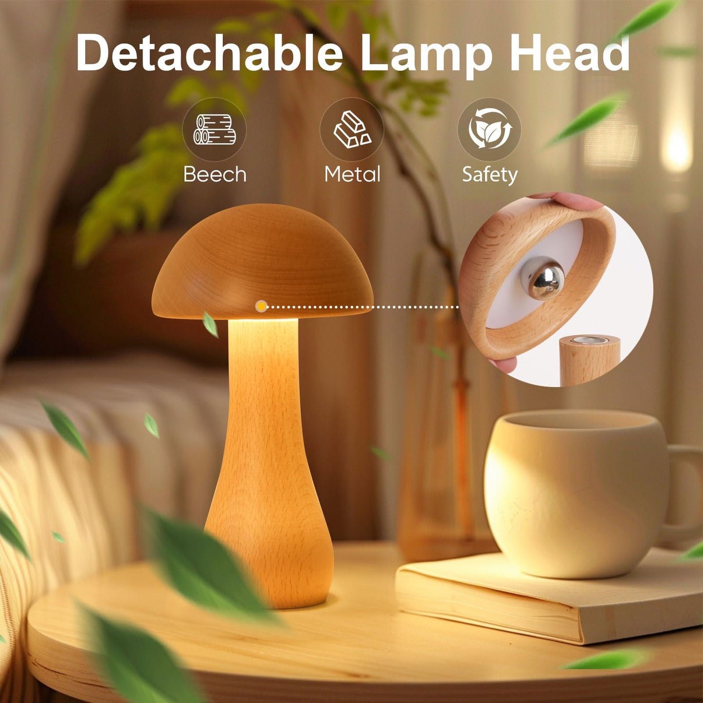 Wooden Small Mushroom Lamp, Touch Switch Cordless Table Lamp for nightstand, Rechargeable Battery Operated Night Light, 360 Degree Rotation Adjustable, Stepless Dimming Desk Lamps for Living Room