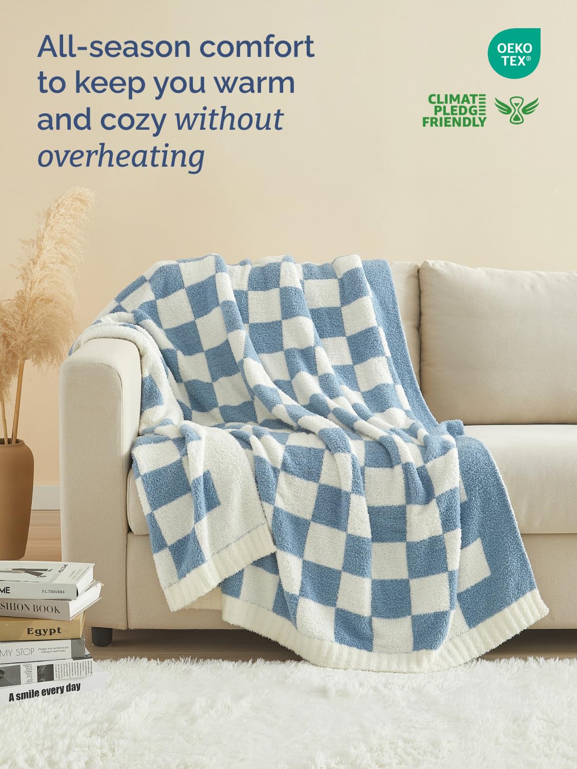 Super Soft Throw Blanket - Checkered Blanket for Couch, Bed, Sofa, Chair - Lightweight Warm Double Sided Knit - All Season Cozy, Fuzzy, Anti-Static Microplush Blanket for Women - 50x60 (Blue/Cream)