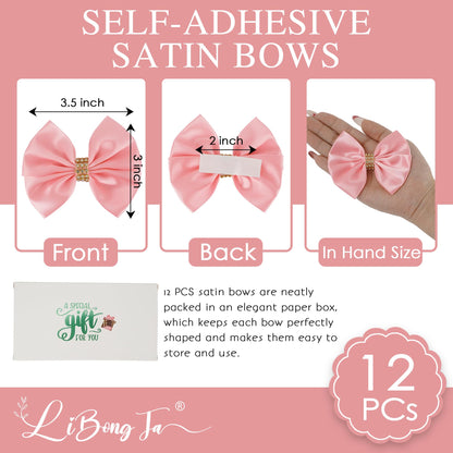 LiBongTa Pink Satin Bows 12 PCS Premade Self Adhesive 3.5" Gift Bows with Rhinestone for Wedding Party Event Decor Gift Wrapping Craft Baby Shower Wedding Treat Bags Presents Making Greeting