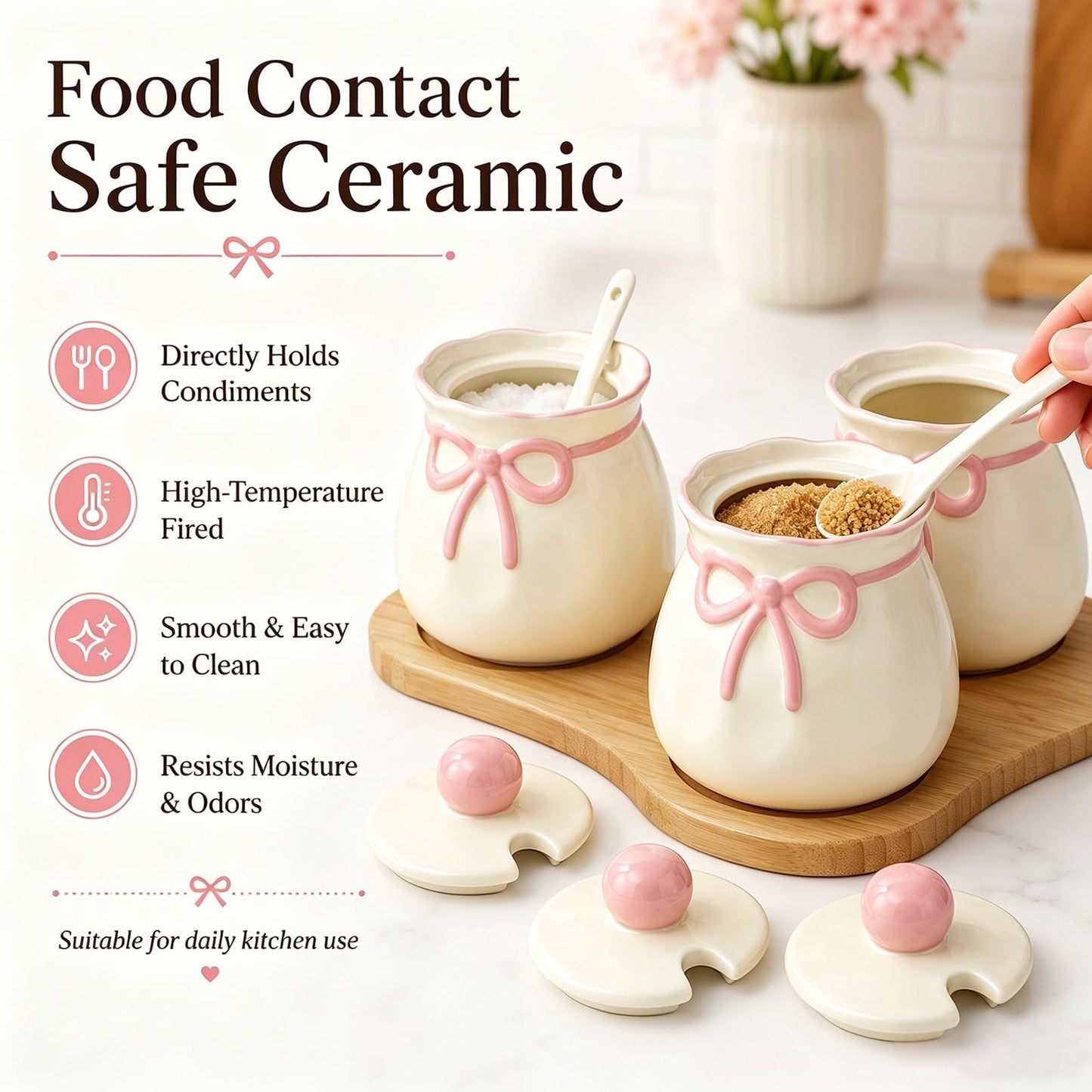 Domensi 3 Piece Pink Bow Condiment Jars Set with Spoons and Wooden Tray, 12.85 oz Ceramic Spice Containers, Coffee Bar Accessories for Your Home, Kitchen, Counter, Housewarming Gifts, 170 ml