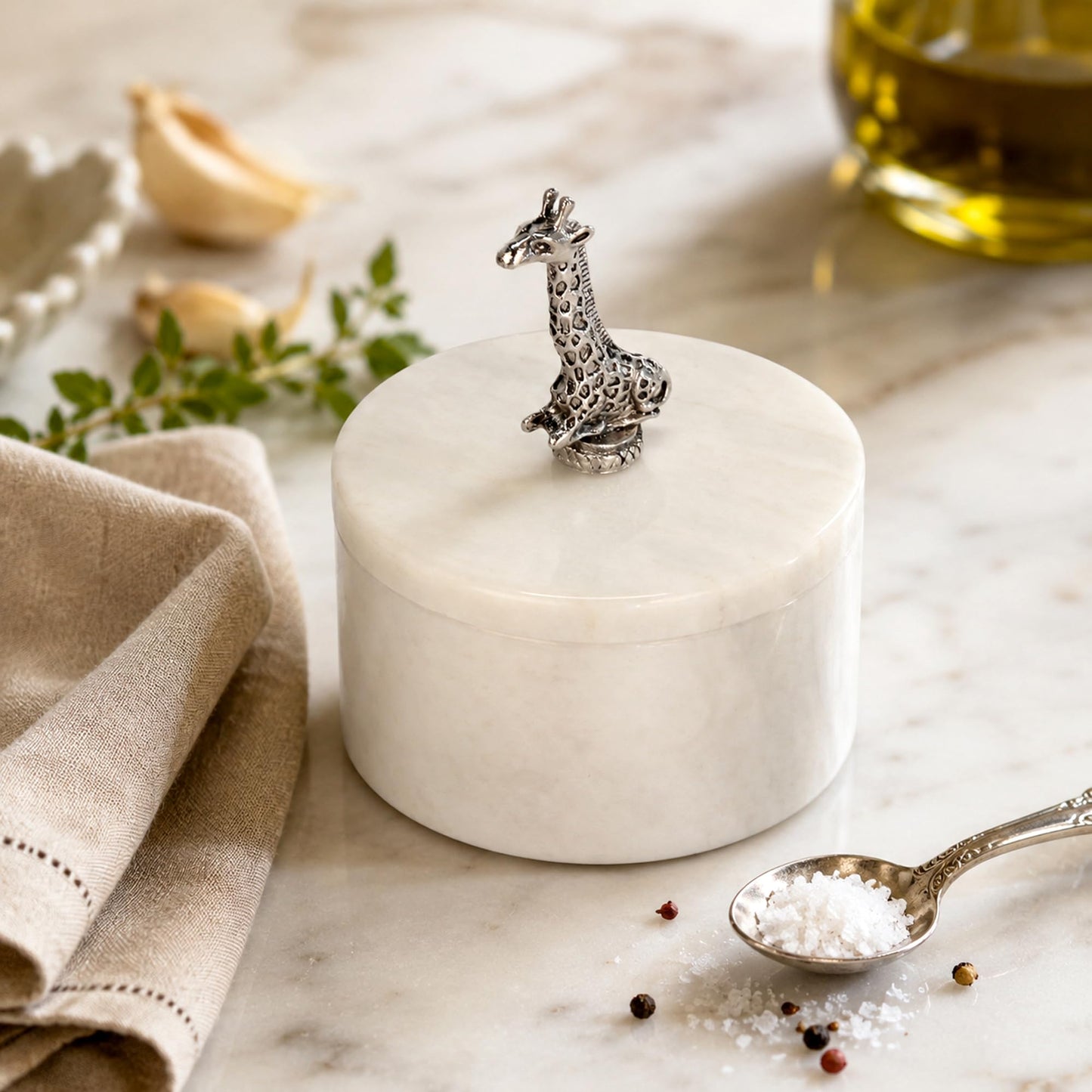 Homestia Natural Marble Spice Cellar with Giraffe Lid, White Stone Salt Box for Pink Himalayan Salt, Sea Salt, Pepper, Herbs and Spices, Elegant Kitchen Countertop Seasoning Container