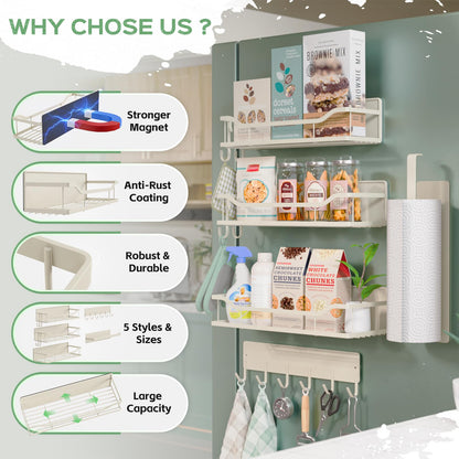 5 Pack Multifunctional Magnetic Shelves for Refrigerator Spice Rack & Washing Machine Organize, Include Paper Towel Holder, Kitchen Utensil Hanger and Hooks, Strong Magnet for Secure Hold (Cream)