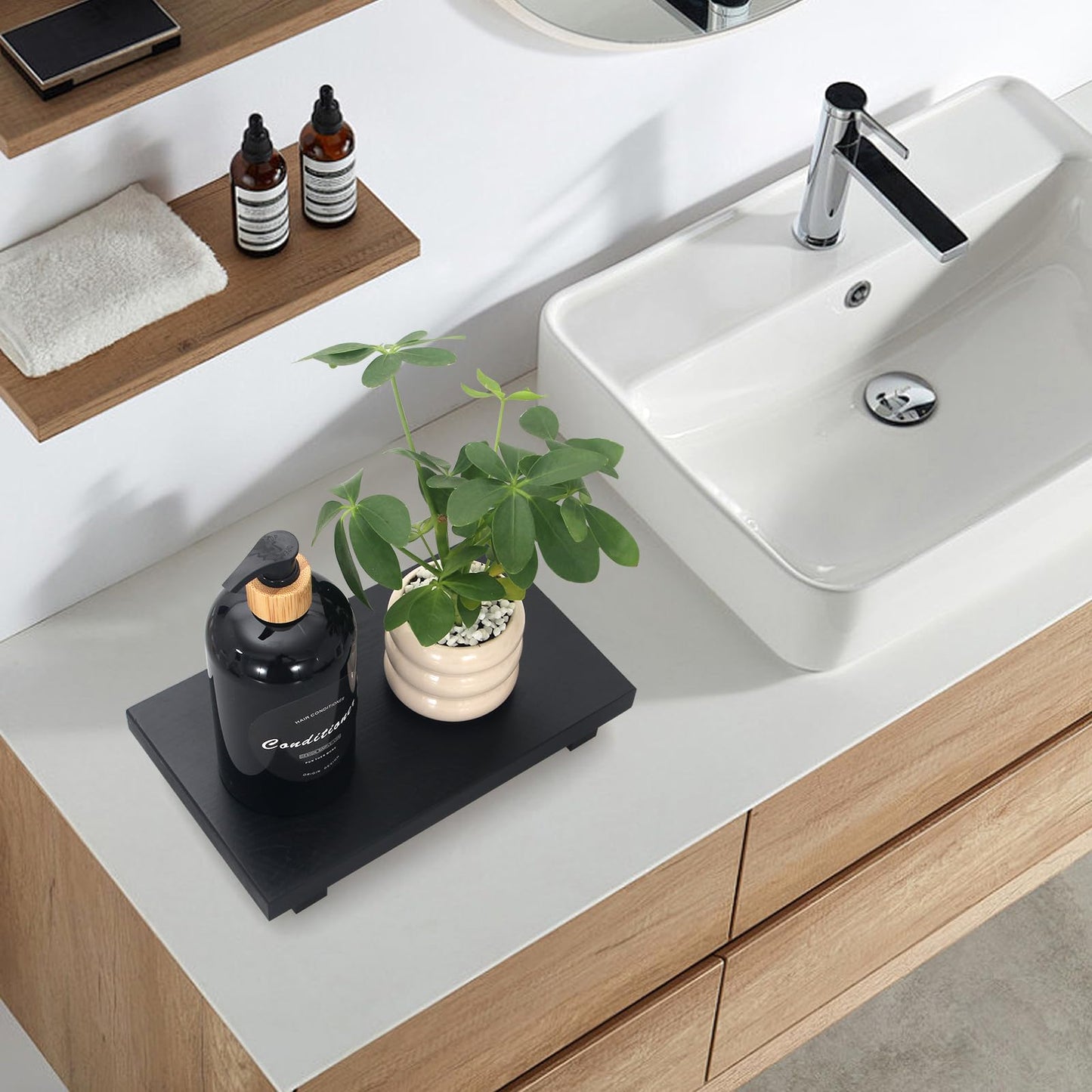 Black Bathroom Vanity Counter Tray Decor Farmhouse Wood Risers Kitchen Soap Sink Tray for Countertop Decorative Hand Soap Dispenser Holder Wooden Pedestal Stand Modern Bathroom Organizer Accessories