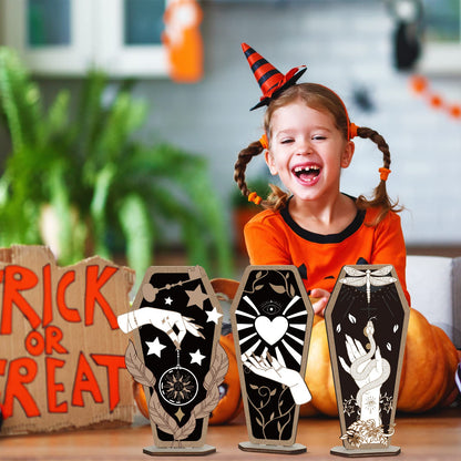3-Piece Gothic Home Decor: Witch Hand Wooden Coffin Sign, Spooky Hands Stars Hearts Table Desk Accessories for Halloween Party Supplies