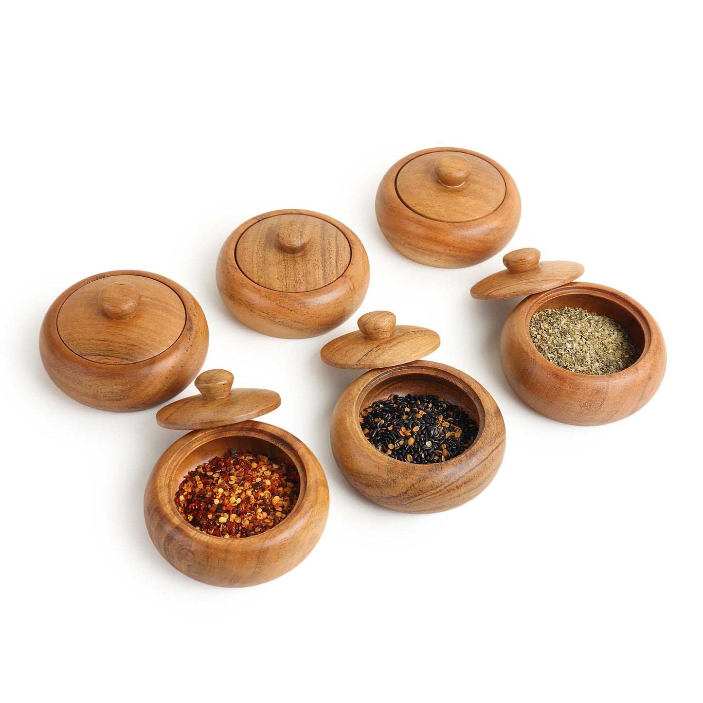 LAVAUX DESIGNS acacia wood set of 6 bowls with lid, 3.5X2 inches (3 oz), Rustic looking wood salt containers can also be used as spice box, storage for condiments, sugar, tea, celtic salt or nuts