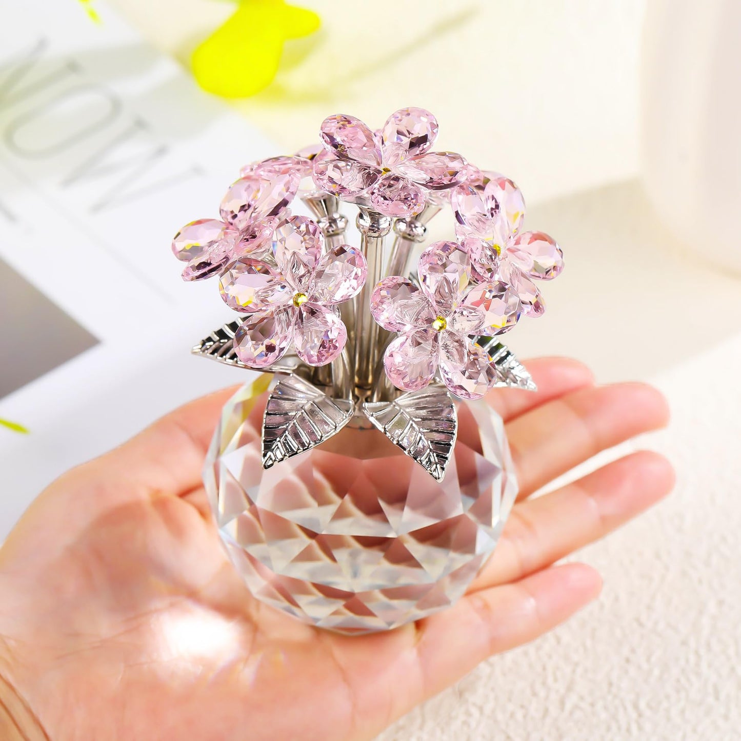 YWHL Pink Crystal Forget Me Not Figurines with Base, Crystal Glass Flower Gifts for Women, Handmade Flower Collectible Figurine Ornaments for Tabletop Centerpieces Home Decor