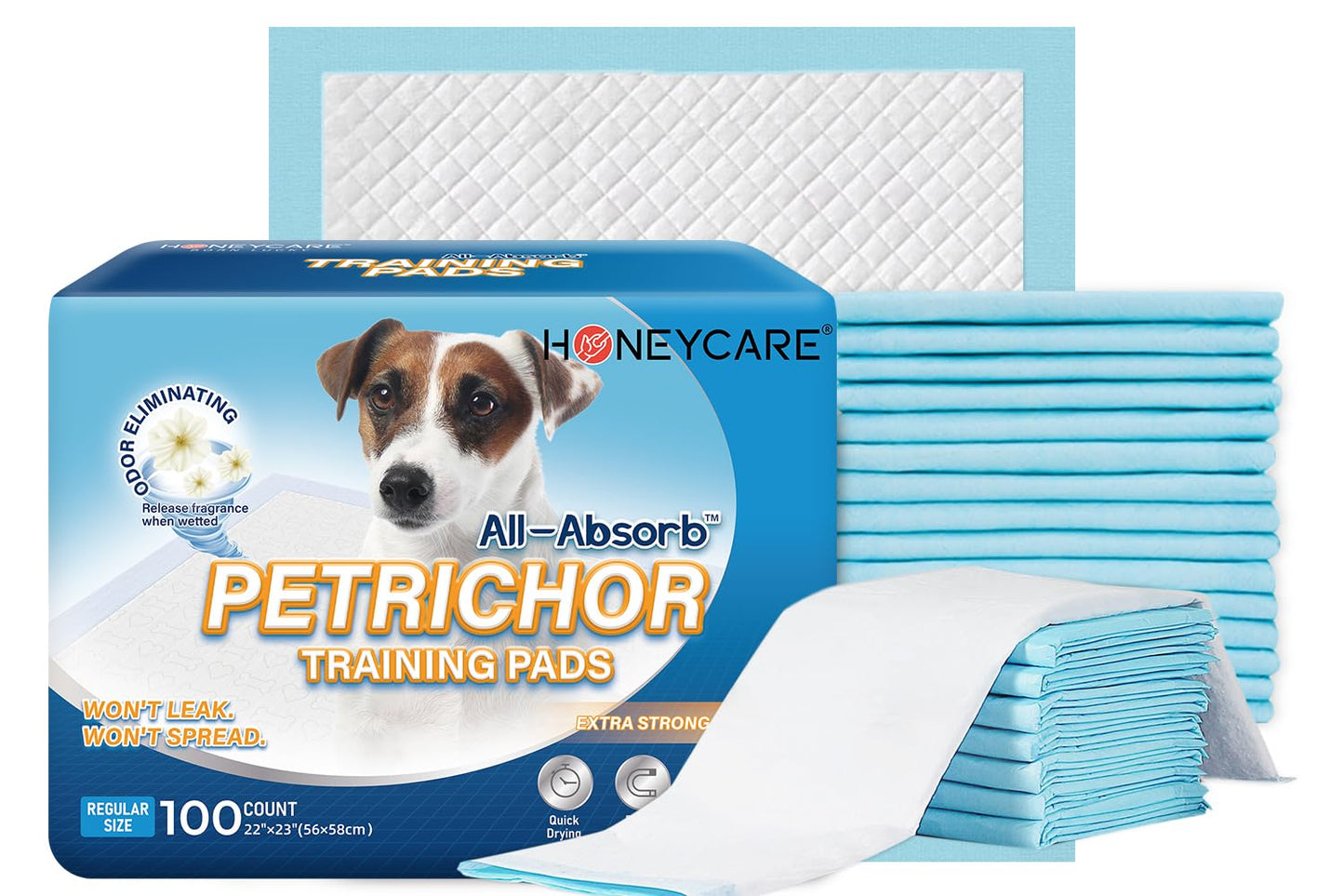 HONEY CARE All-Absorb Training Pads 100-count, Dog and Puppy Training Pads, Ultra Absorbent and Odor Eliminating, Leak-Proof 5-Layer Potty Training Pads with Quick-Dry Surface, Blue, A01