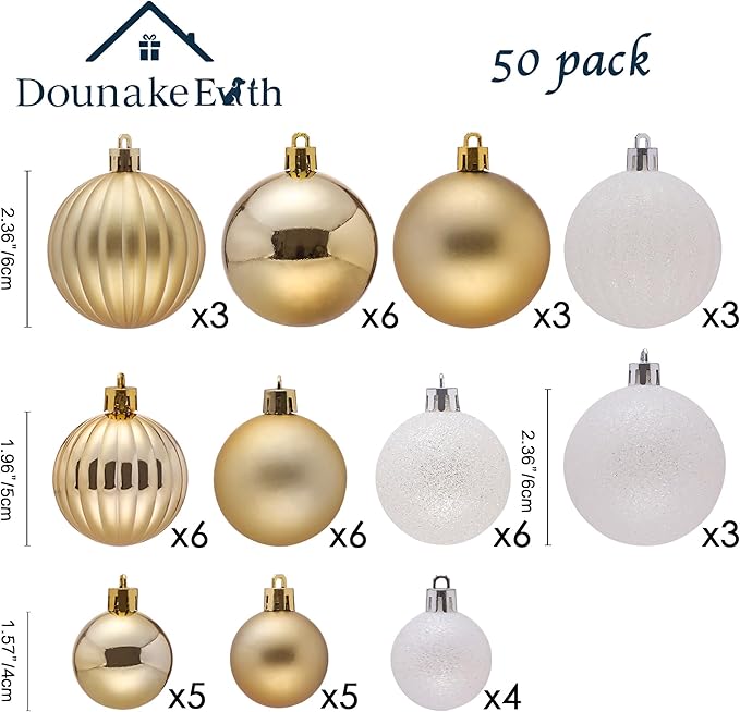 50ct Christmas Balls Ornaments for Xmas Tree, White and Gold Shatterproof Christmas Tree Decorations Hanging Ball for Holiday Party Decor(1.57"-2.36")