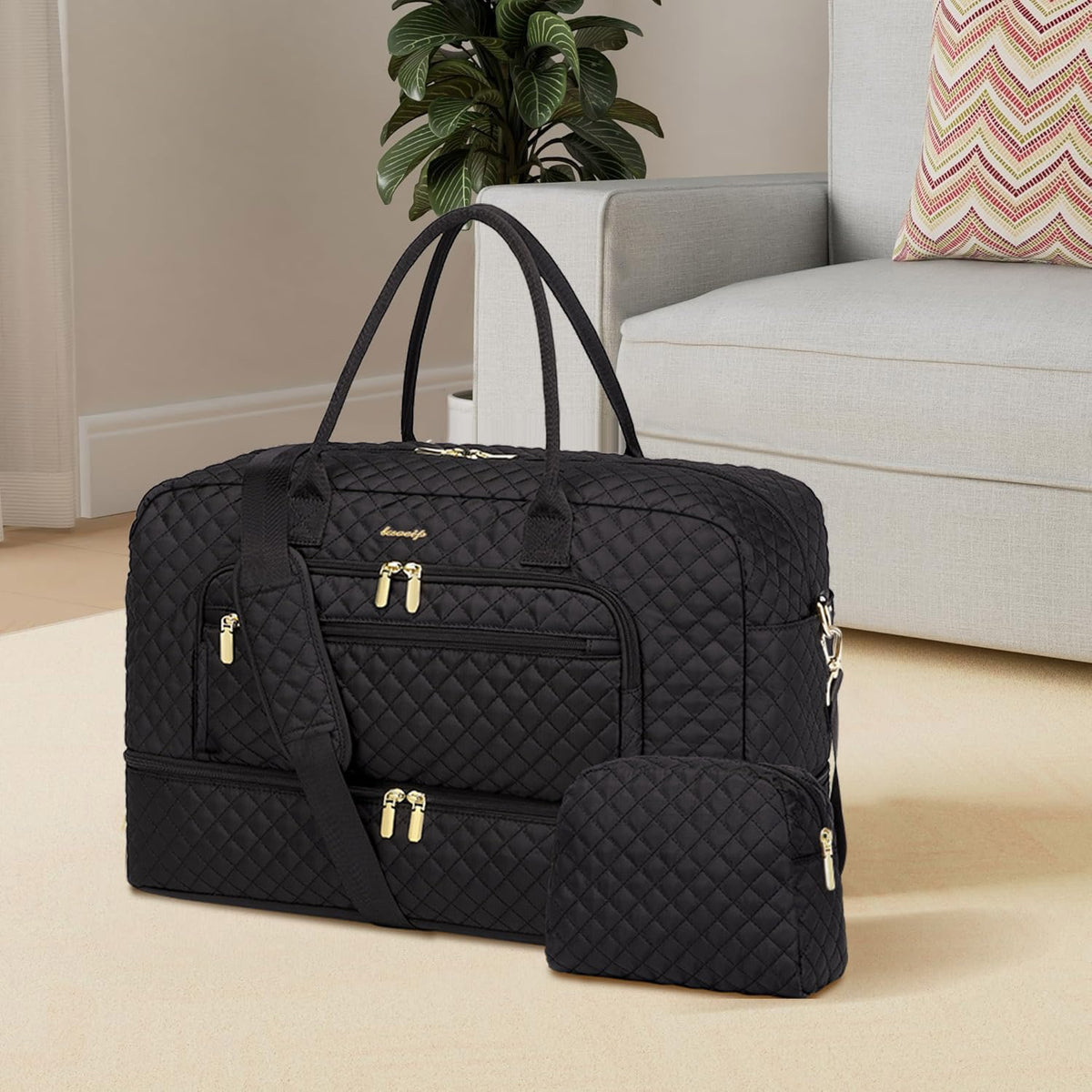 LUOCIP Large Women Travel Duffle Bag, Carry on Bag with Wet Toiletry Pocket for Overnight, Weekend, Yoga, Gym, Business Trips, Sport and Hospital, Black