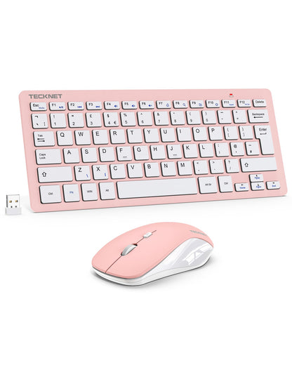 TECKNET Mini Wireless Keyboard and Mouse Set, 2.4G Cordless USB Keyboard and Silent Mouse Comb with Nano USB Receiver, 12 Multimedia Shortcuts for Computer, PC, Laptop, Desktop, Pink