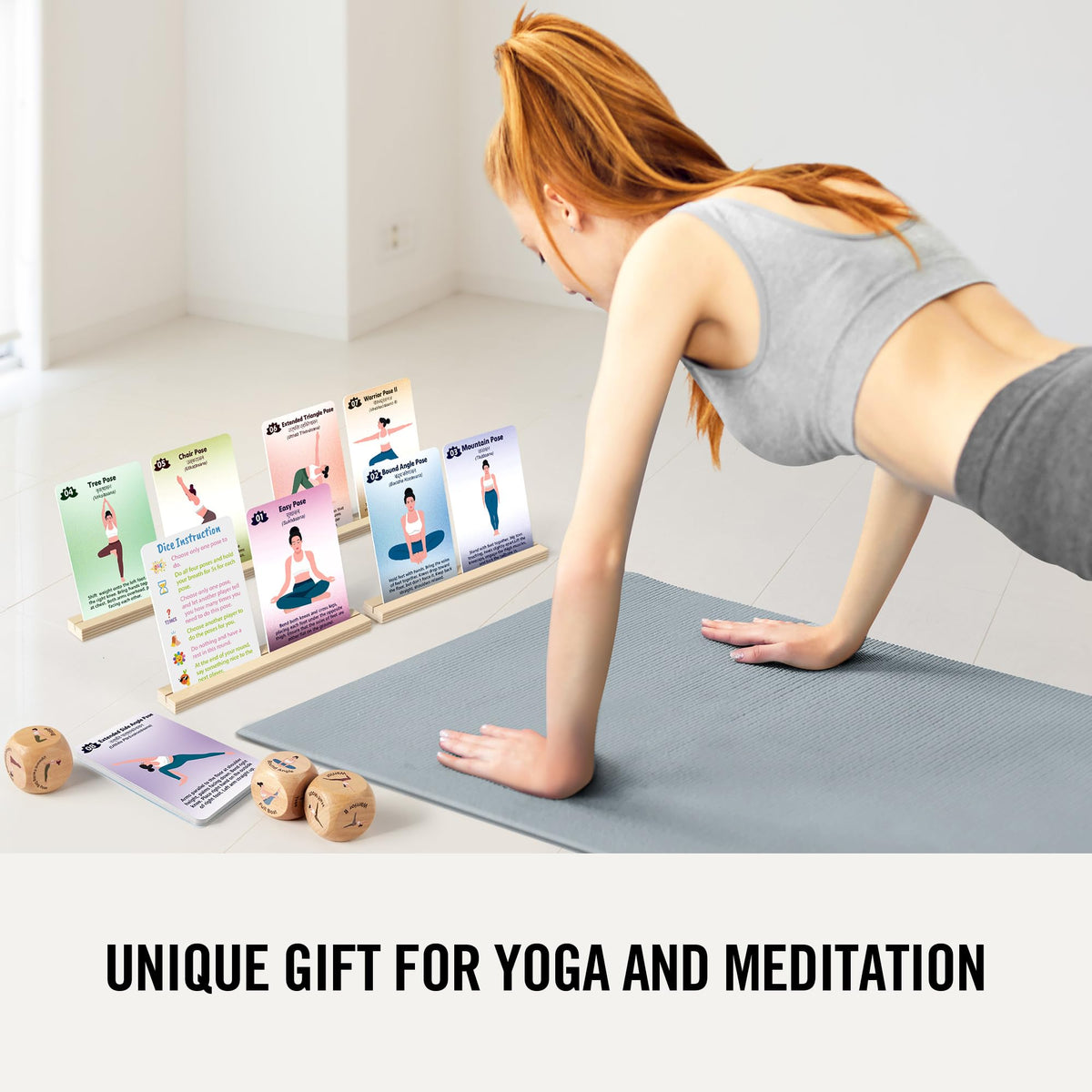 Homotte Yoga Cards and Wooden Yoga Dice Set for Beginners, Kids Yoga Accessories Pose Workout Kit with 4 Dice, 8 Card Holder, Gift for Women