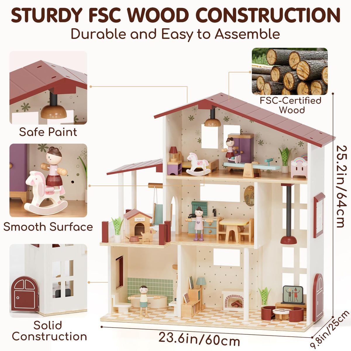 Lehoo Castle Wooden Dollhouse for Girls, Realistic Doll House with 5 Rooms & 38 Accessories, DIY Pretend Play Dream Dollhouse with Doll and Furniture, Ideal Creative Gift for Ages 3+