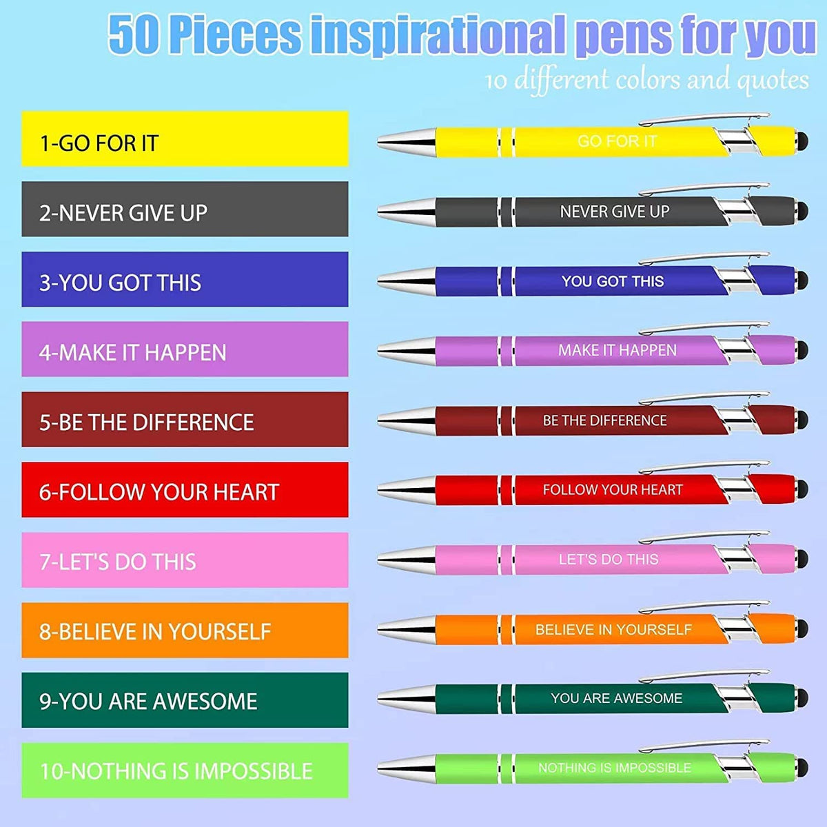 Greengines 50 Pieces Inspirational Pens, Motivational Ballpoint Pen with Stylus Tip Funny Ink Pens Bulk Inspirational Gifts for Women Coworkers Office Supplies Black Ink