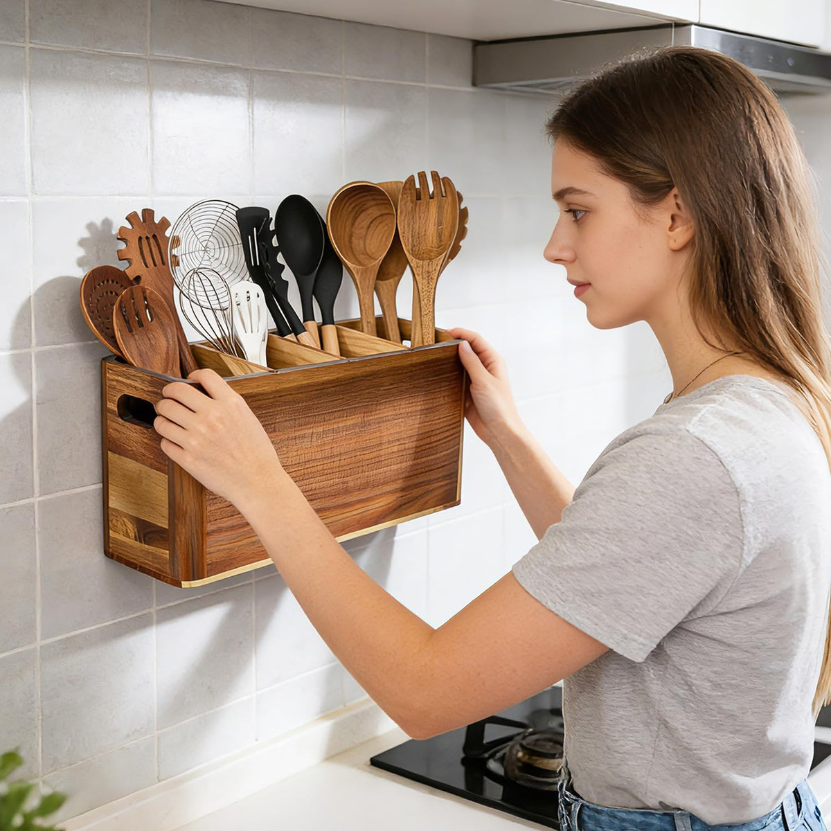 VLXXOI Large 4-Compartment Acacia Wooden Utensil Holder, Rustic Kitchen Counter Organizer, Extra Large Wood Storage Container for Cooking Utensils and Silverware
