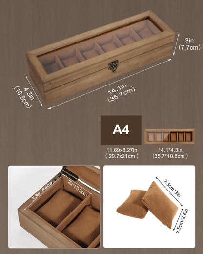 Uten Solid Wood Watch Box, 6 Slot Watch Case with Soft Pillow, Watch Display Case with Glass Lid, Watch Holder Organizer, Watch and Jewelry Storage, Gift Ideas, Brown