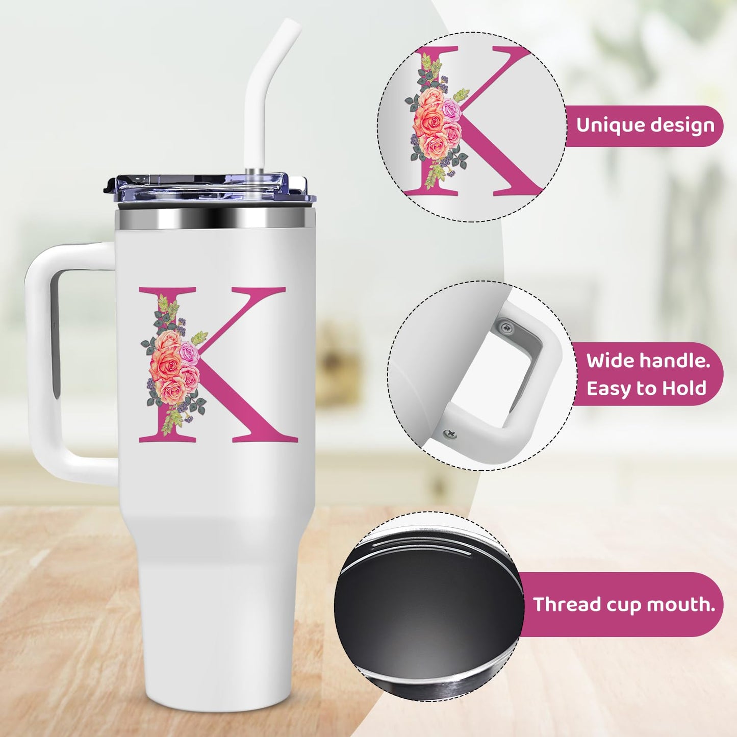 AiHeart 40oz Initial Tumbler,Personalized Gift for Women,Sister,Wife,Best Friend,Monogrammed Gifts for Birthday, Christmas,Custom Tumbler,Cute Tumblers with Straws-K