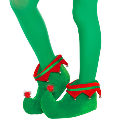 Skeleteen Red Green Elf Shoes - Red and Green Velvet Holiday Elf Feet Slippers with Jingle Bells for Adults and Kids