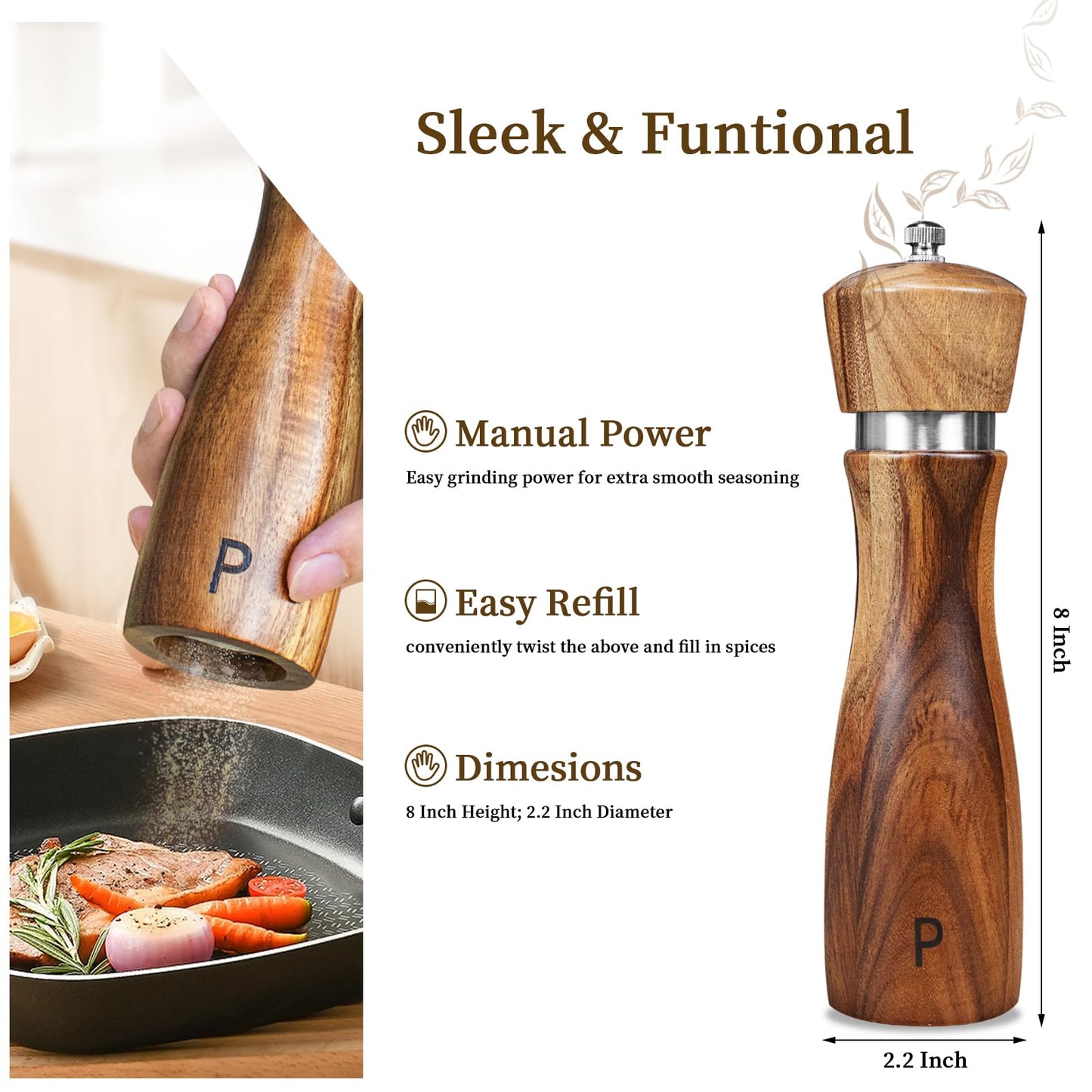 Haomacro Salt and Pepper Grinder Set of 2,8Inch Updated Wooden Pepper Mill Shaker,Modern Oak Wood Salt Mill Pepper Grinder Set Refillable with Adjustable Ceramic Rotor