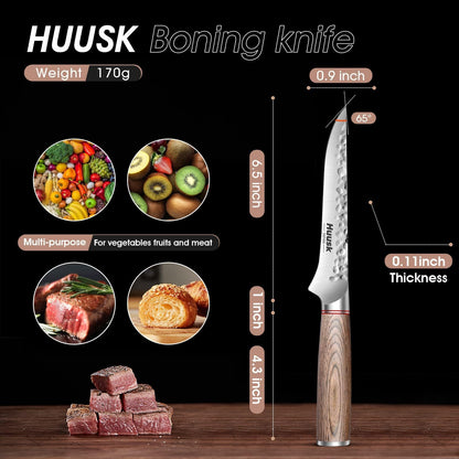 Huusk Boning Knife for Meat Cutting, 6.5" Hand Forged Japanese Fillet Knife for Meat Fish Poultry, Deboning Butcher Knives for Processing with Ergonomic Pakkawood Handle, Gift Box for Cooking lovers