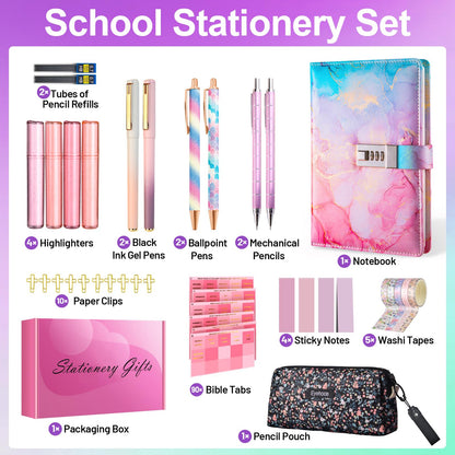 38PCS Cute Stationary Set Bible Journaling Kit with Password Lock Notebook, Pen Case, Mechanical Pencils, Gel Pens, Highlighters, Gift Box & Ballpoint Pens for Study Aesthetic School Supplies