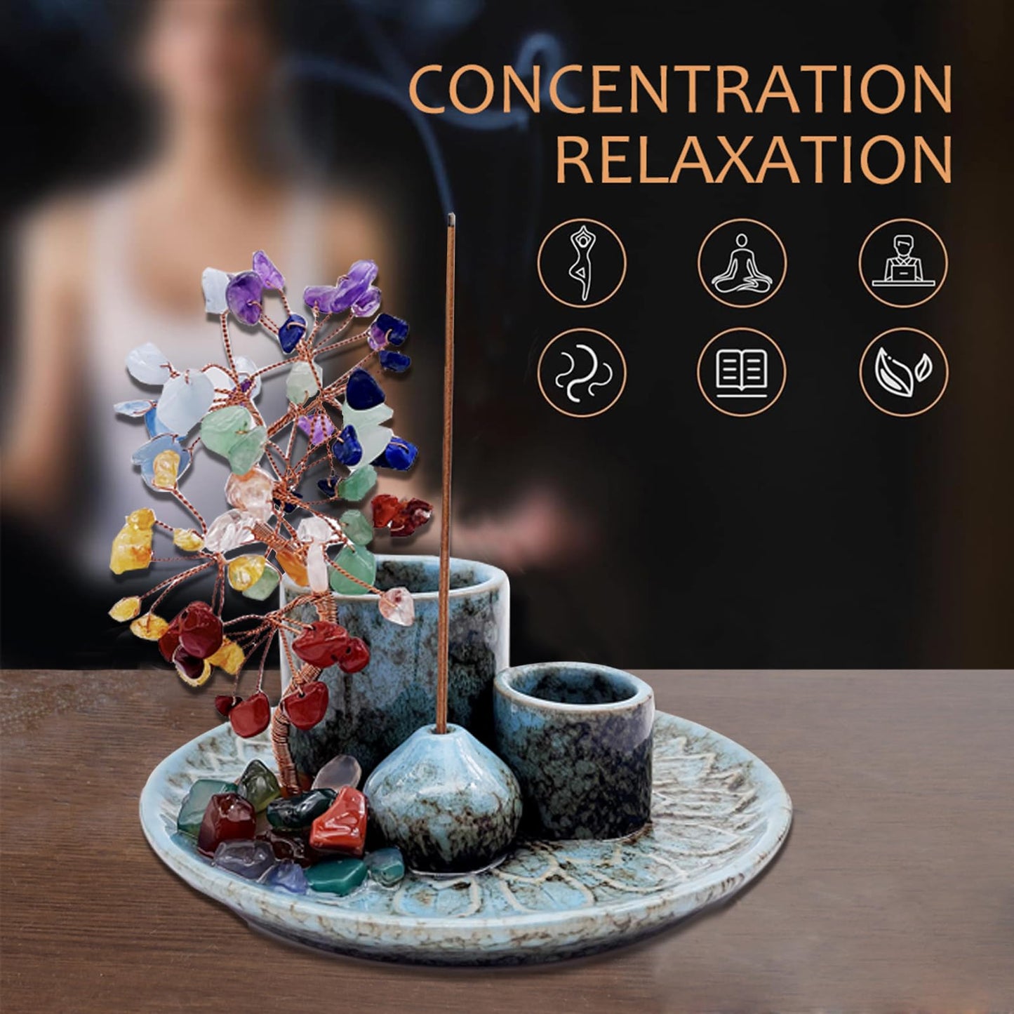 5 in 1 Incense Burner Holder with Crystal Healing Tree, Palo Santo Holder, Sage Holder, Incense Holder for Sticks/Cones/Candles, Ceramic Tray Ash Catcher for Burning Incense, Meditation Gift
