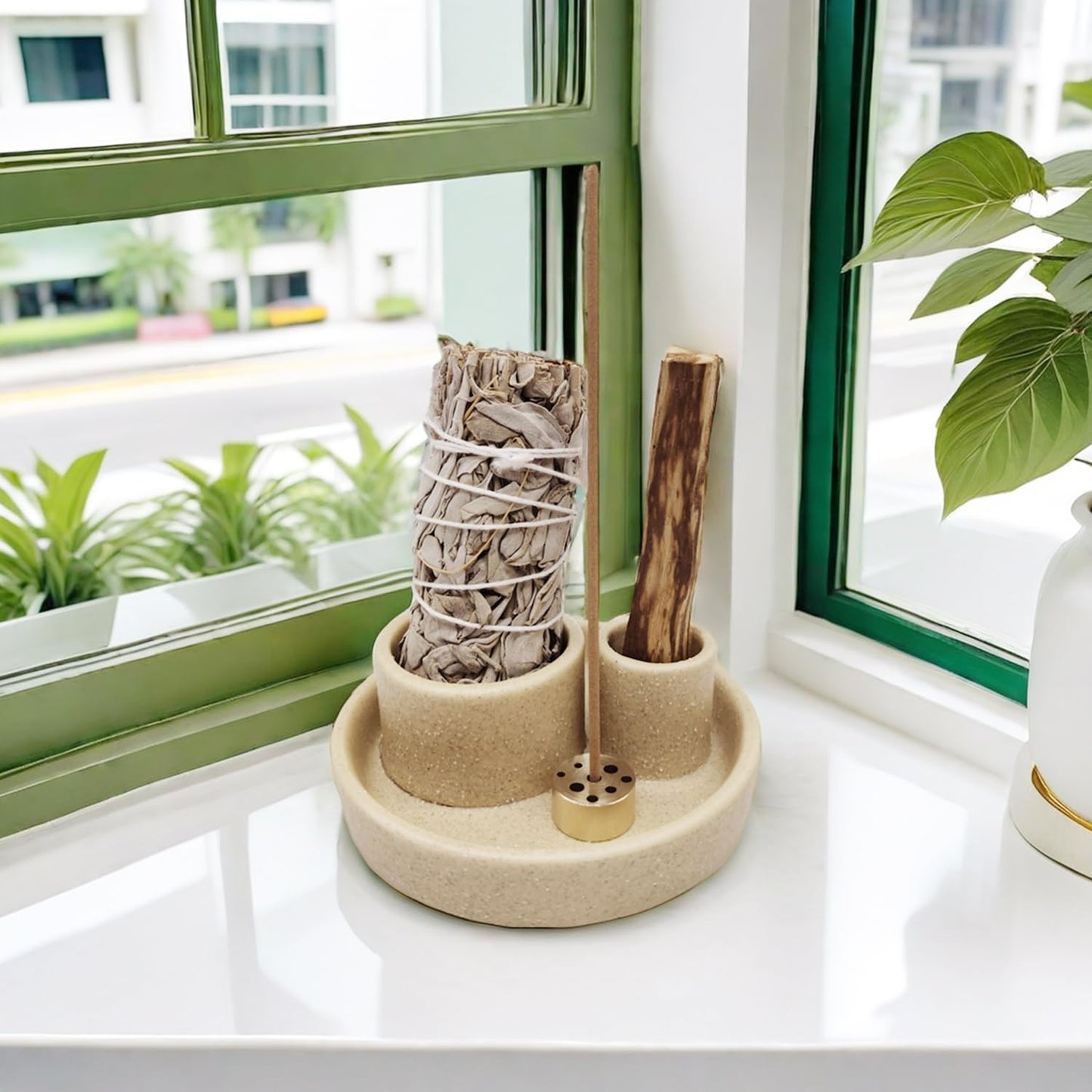 4 in 1 Incense Holder, Ceramic Incense Stick and Palo Santo Holder,Sage Holder for Burning- 4.25" Ceramic Ash Catcher Tray for Meditation and Yoga Room (Sand)