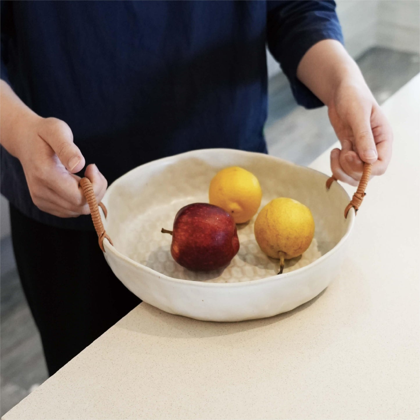 seicasaya 10" Ceramic Fruit Bowl with Woven Handles - Rustic Serving Dish with Speckled Glaze - Handcrafted Decorative Centerpiece Tray for Kitchen Counter (White, 10 Inch)
