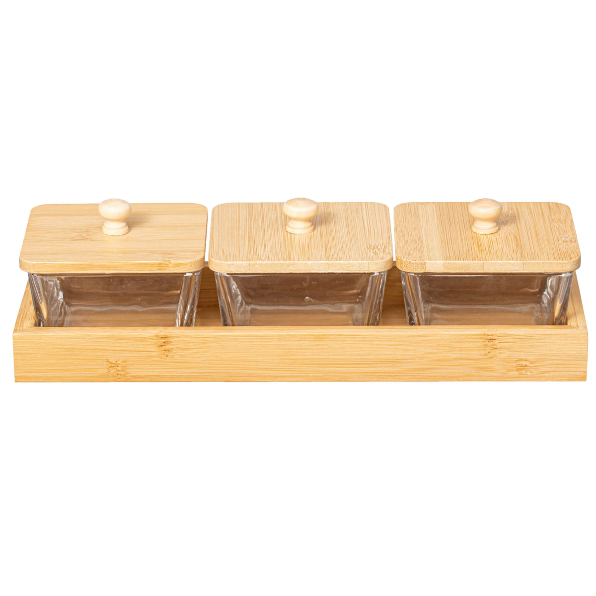 Basicwise Set of 3 Square Glass Jars with Bamboo Lids and Wooden Tray – Rectangular Charcuterie, Snack Organizer and Fruit Platter for Party, Candy Jars, Cookies, Nuts, Fruits and Snack Box
