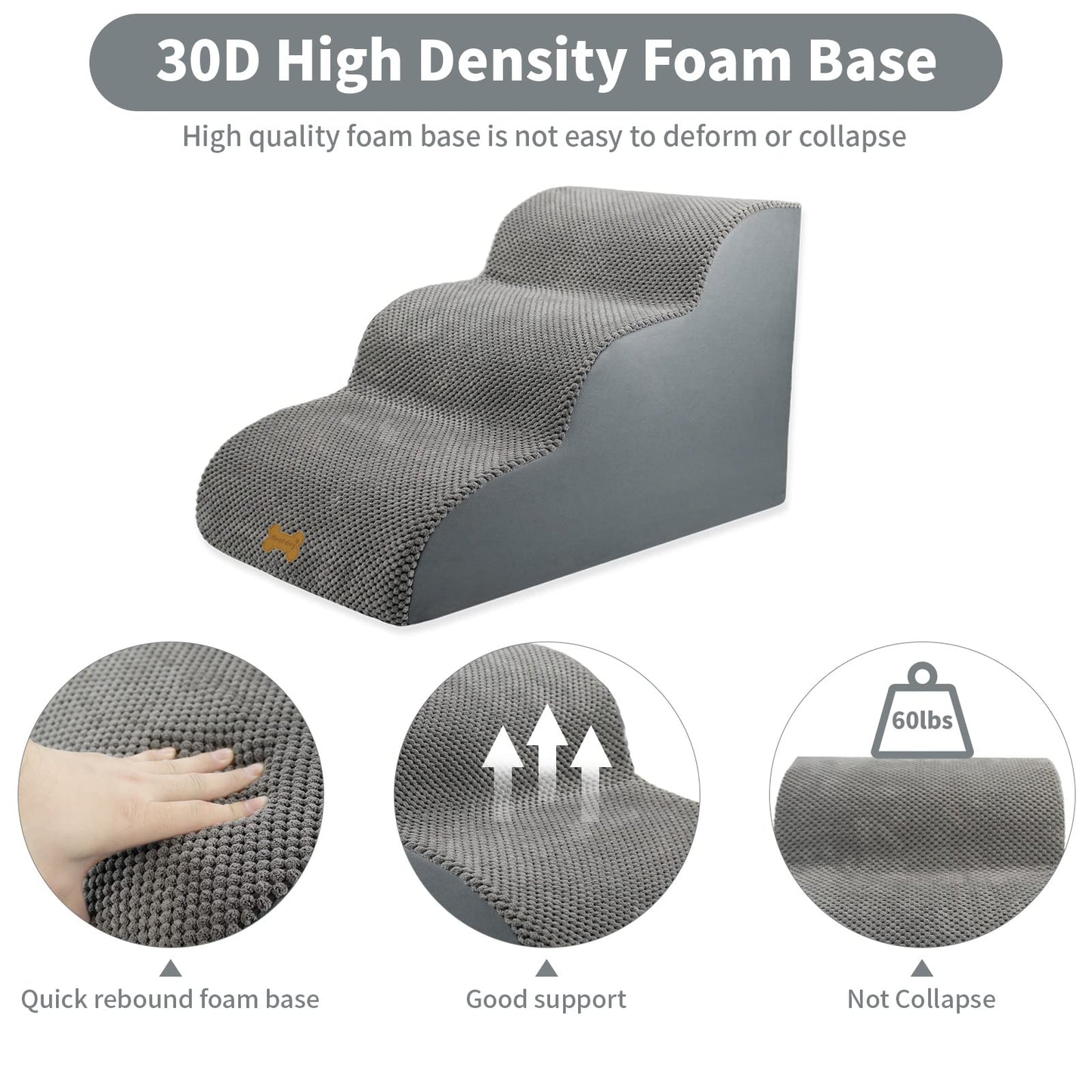 Nepfaivy Dog Steps Stairs for Bed - Non-Slip Pet Stairs for Small Dogs and Cats, 3-Steps Dog Ramp for Sofa with High Density Foam and Removable Cover, 60x40x40cm