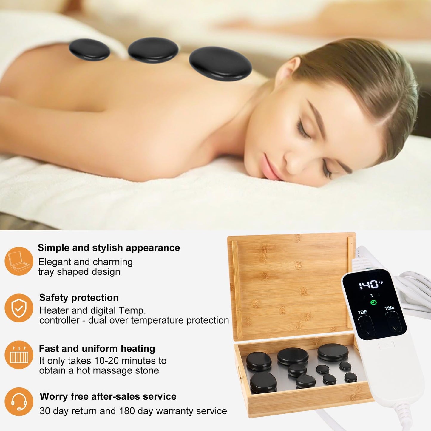 OnVisit Hot Stone Massage Set with Warmer Kit, 10 PCS Rocks Stones with Bamboo Heater Box, Temperature Control and Timing Setting, Massage Stone Heater for Spa & Home Use