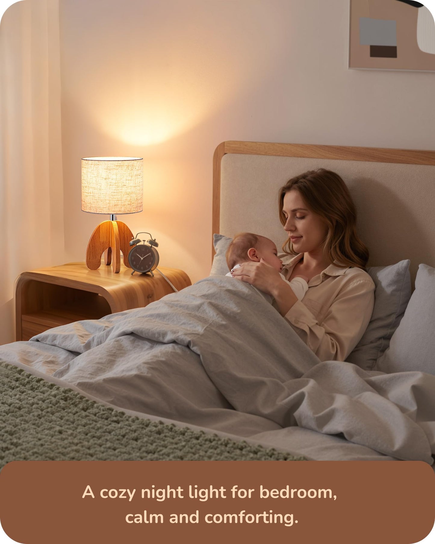 EDISHINE Wood Table Lamp, Small Nightstand Lamp with Beige Linen Lampshade, Integrated Four-Legged Wooden Base, End Bedside Lamp for Nursery, Bedroom, End Table, ON/Off Switch, E26, 14.17"
