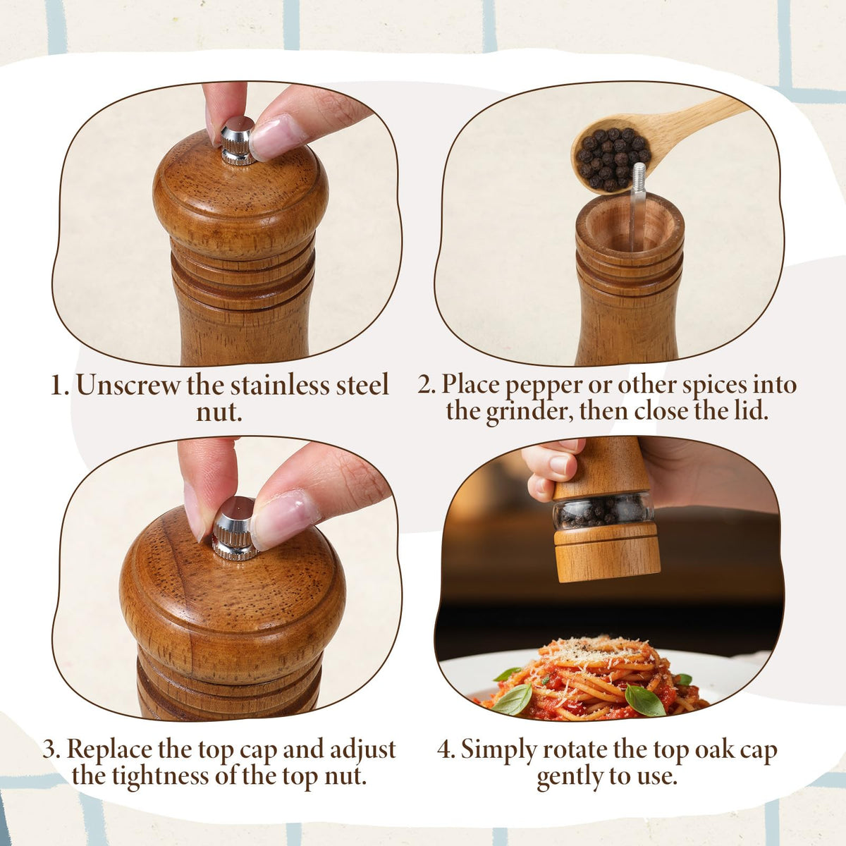 MySHUCE 2 Pack Wooden Salt and Pepper Grinder With Salt & Pepper Mill Tray, Adjustable Ceramic Grinding Rotor Manual Spice Grinder Refillable Salt Mill Sets with Acrylic Visible Window for Home Cooks