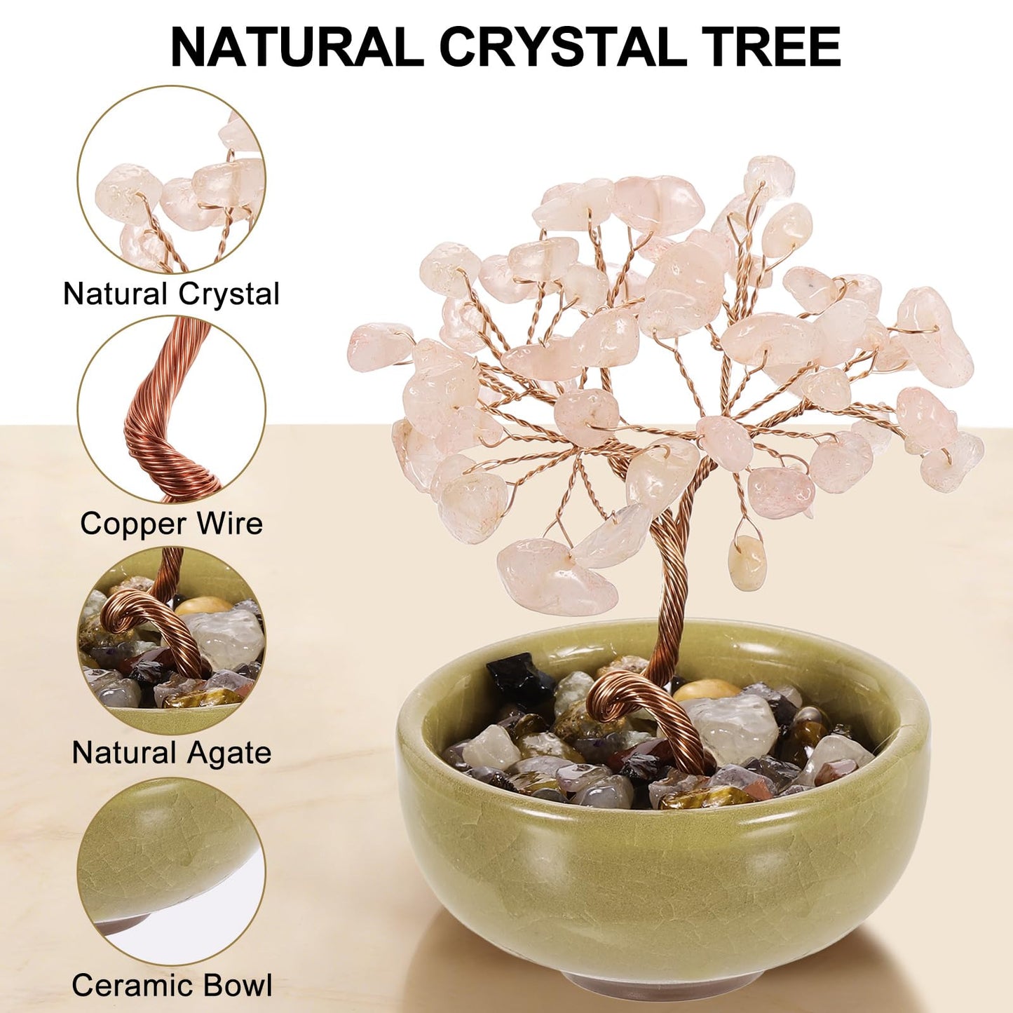 MECCANIXITY 7 Chakra Crystal Tree of Life, Natural Rose Crystal Gemstone Tree Handmade Feng Shui Bonsai with Agate Base for Positive Energy, Good Luck, Home Office Decor (4x2.4Inch Pink)