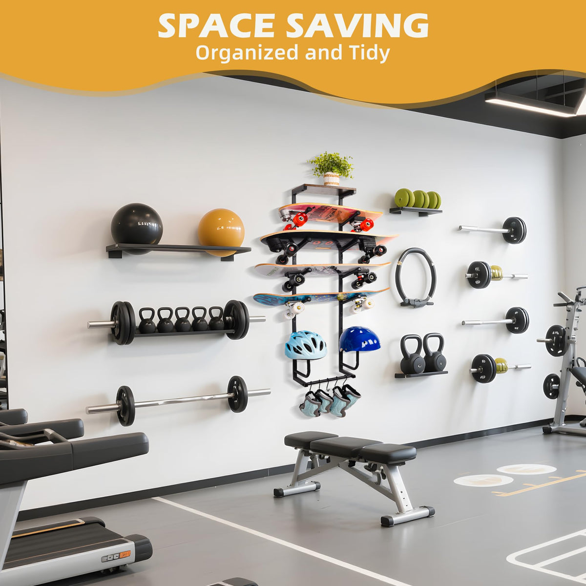 Skateboard Wall Mount Rack 4-Board Horizontal Storage — Wood Display Shelf, Holds 4 Longboards, Decks & Boards, 2 Round Wooden Helmet Stands & 5 Accessories Hooks, Garage Game Room Organizer (Black)