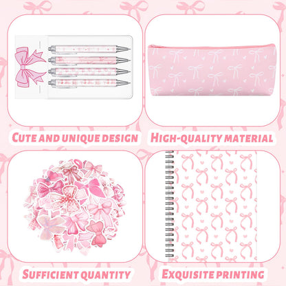 Sayglossy Pink Bow Stationery Gift Coquette School Supplies Set Include Pens Aesthetic Journal Notebook Pencil Case and Stickers Pink Bow Preppy Back to School Supplies for Girl Students