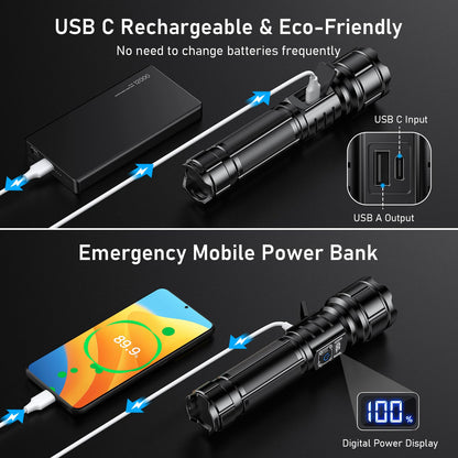 Blukar Torch Rechargeable, 500000 Lumens Torches LED Super Bright Flashlight, Adjustable Focus, 5 Modes, 5000 mAh Long Lasting, IP67 Waterproof, Smart Digital Display for Camping, Power Cuts,Emergency