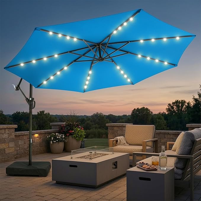 wikiwiki 10ft Solar LED Patio Umbrella with Base Included, Offset Umbrella with Sandbag Base, Cantilever Patio Umbrellas for Backyard, Garden & Deck, 32 LED Lights & Polyester Shade, Royal Blue