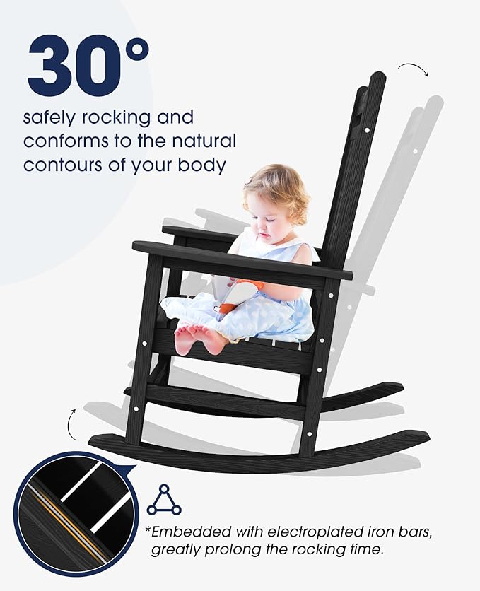 KINGYES Oversized Outdoor Rocking Chair Set of 6, All-Weather Patio Rocking Chairs for Porch, HDPE Outdoor Patio Rockers with High Back & Wide Seat for Garden, Lawn, Black