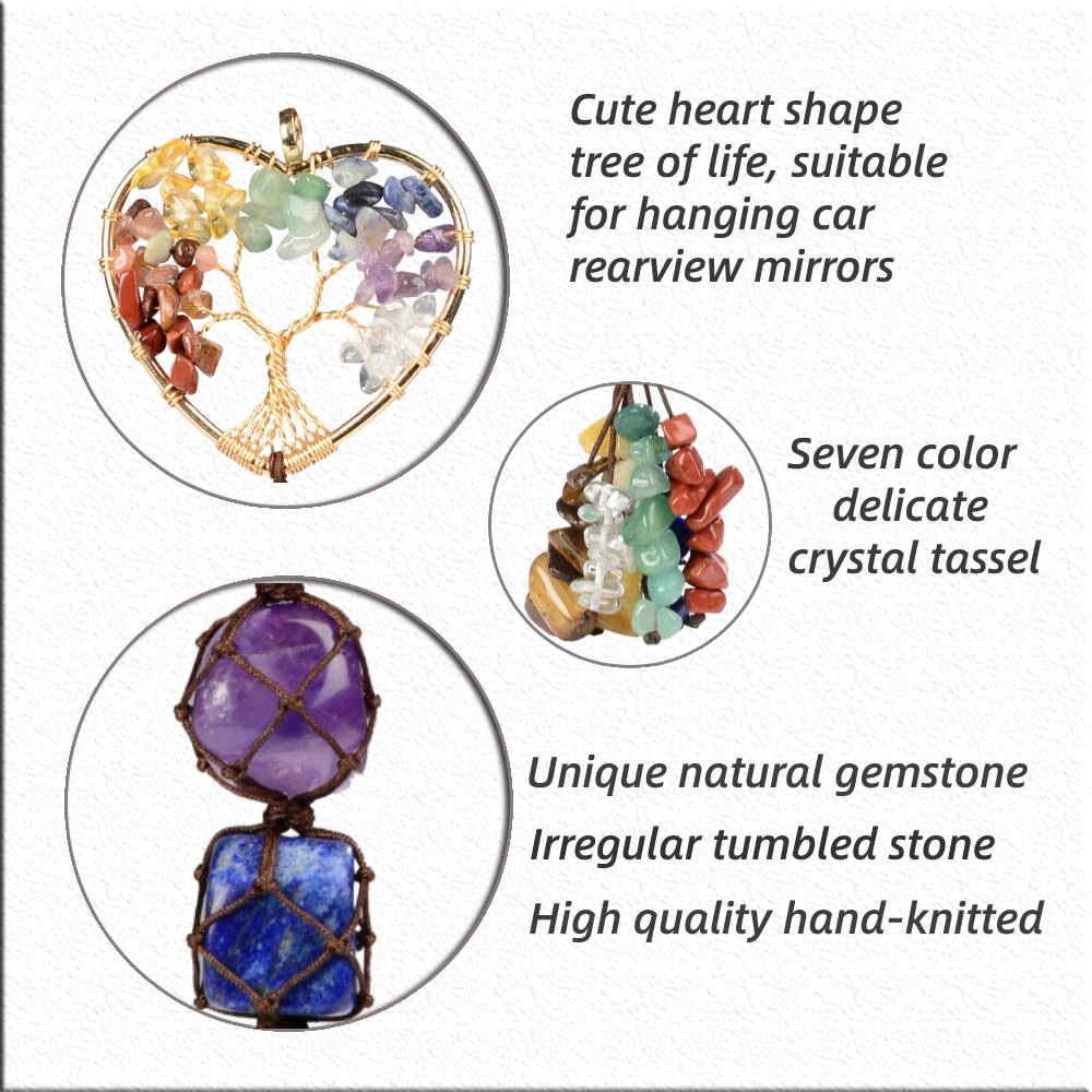 Cute Handmade Crystal Chakra Swinging Hanging Ornaments Mirror Hanging Car Accessories Tree of Life Stone Tree Feng Shui Window Ornament for Home Decor