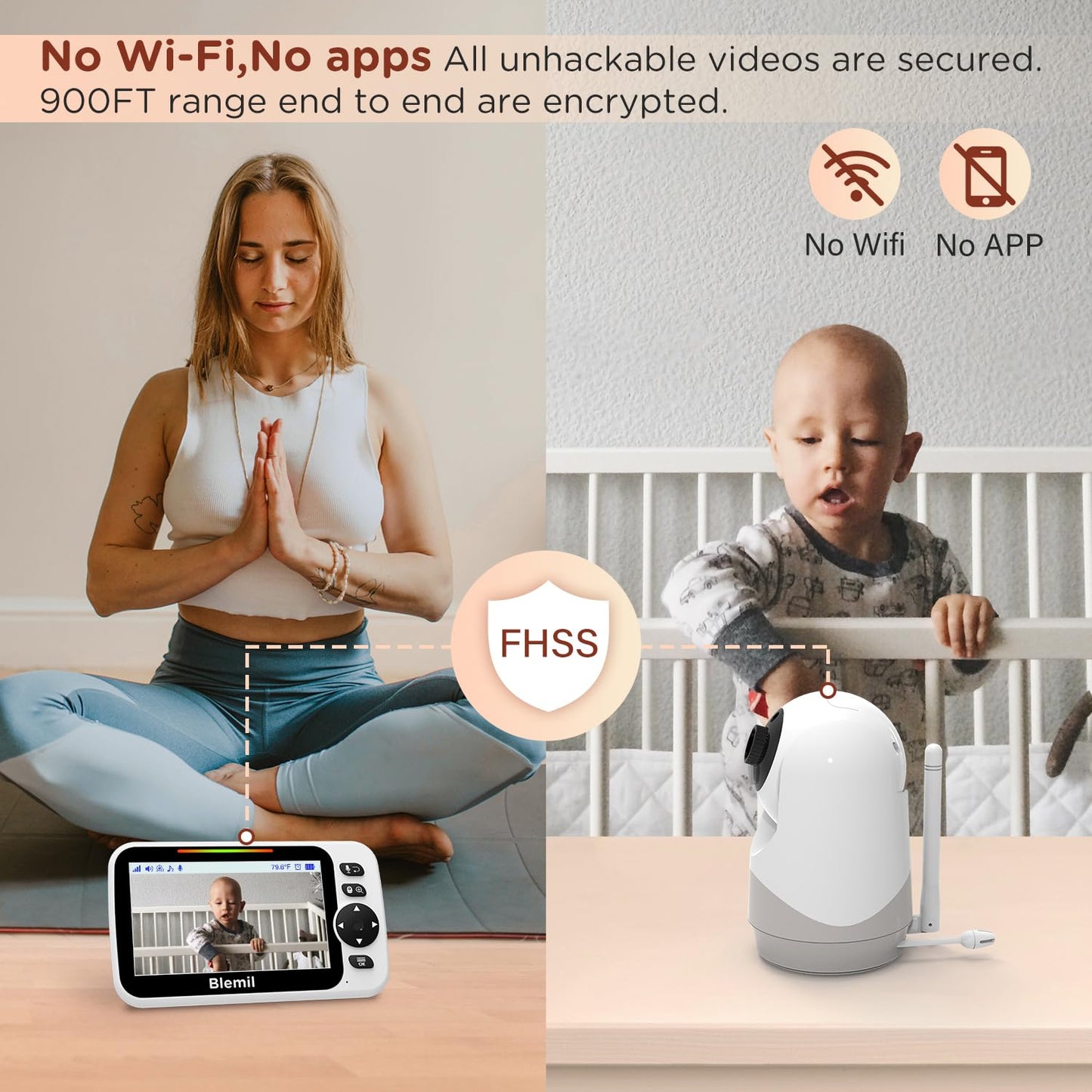 Blemil 5" Split-Screen Baby Monitor with 30-Hour Battery, Large Video Baby Monitor with Camera and Night Vision, Remote Pan/Tilt/Zoom Camera, Two-Way Talk, Lullabies, No WiFi,Up to 1000ft