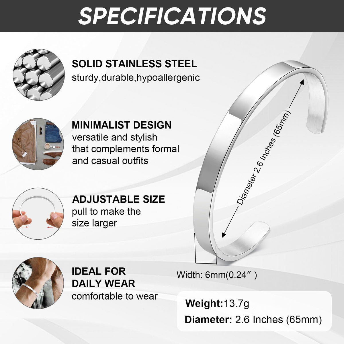 MEALGUET Stainless Steel Mens Cuff Bracelet : Minimal Cool Silver Open Metal Cuff Bangle Bracelets for Men,65mm,Mens Bracelet Jewelry