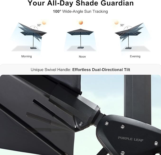 PURPLE LEAF 8.2' X 11.5' Tilting Patio Umbrella with Base Outdoor Cantilever Swivel Rectangle Umbrella Aluminum Offset Umbrella with 360-degree Rotation for Garden Deck Pool Patio Grey