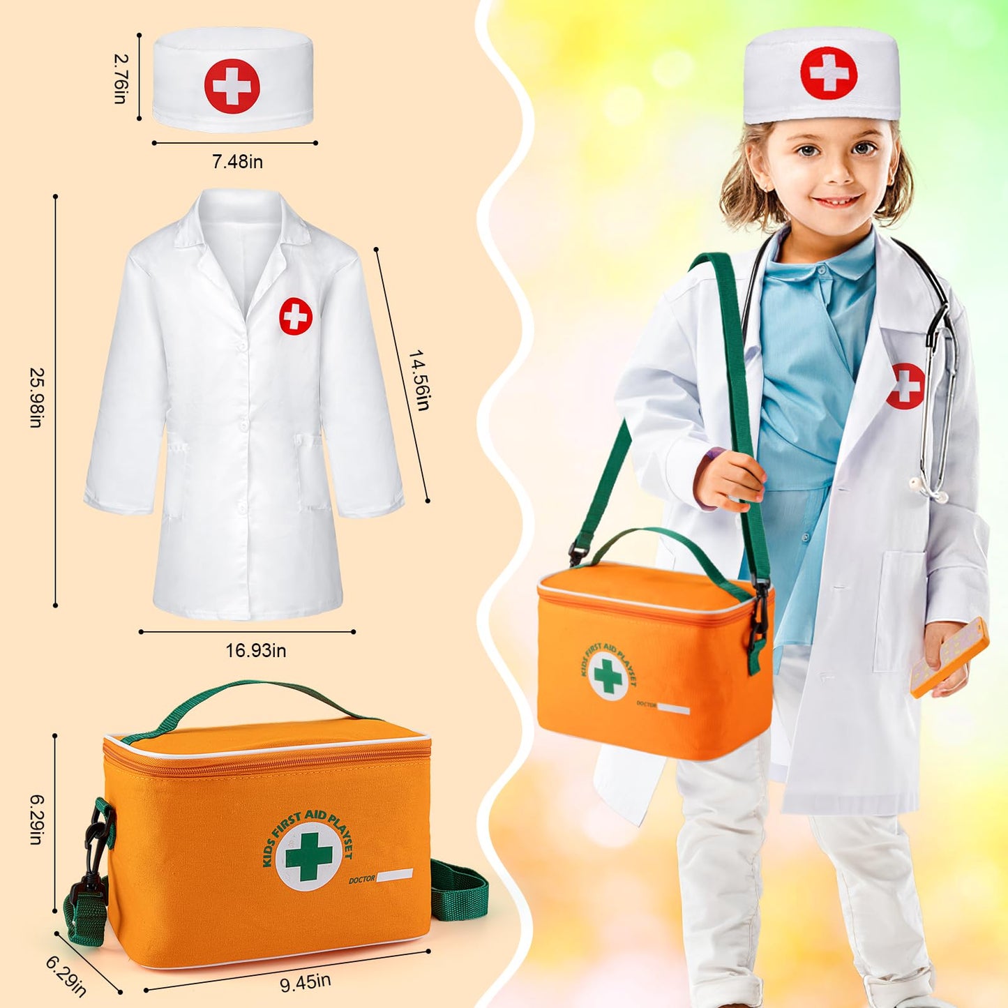 EFO SHM Doctors Set for Kids, Wooden 34-piece Kids Doctors Kit, with Real Stethoscope Portable Doctors Bag and Wooden Syringe, Role Play Toys for 3 4 5 6 Year Old Girls and Boys