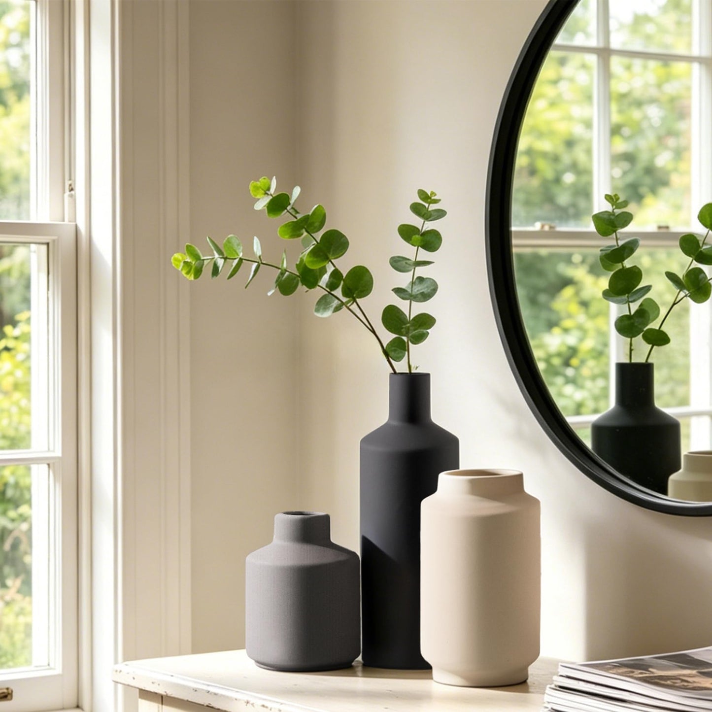 Ceramic Vase Set of 3, Modern Decorative Vases for Home Decor, Small Flower Pottery Vase Sets, Boho Farmhouse Rustic Vases for Living Room, Kitchen, Bedroom, Bathroom, Shelf, Table
