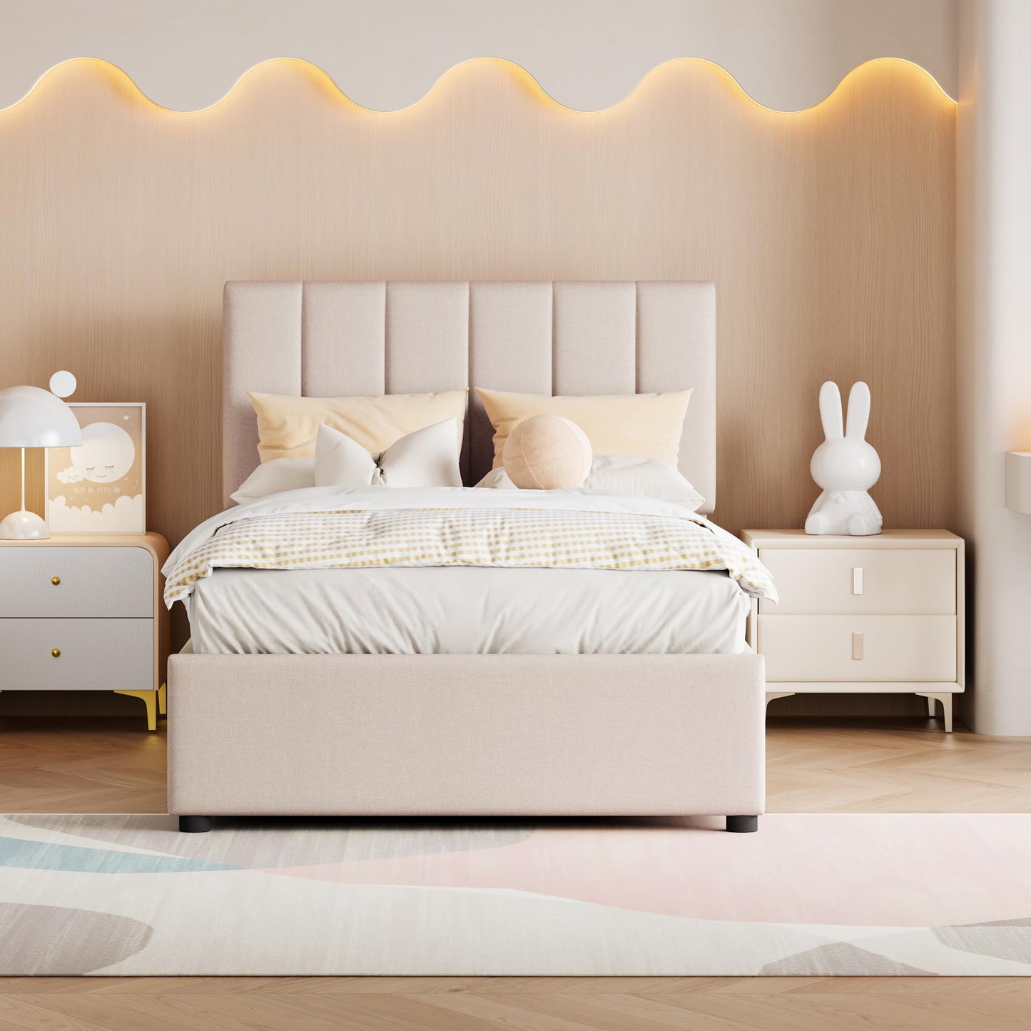 Merax Twin Size Upholstered Platform Bed with a Hydraulic Storage System, No Box Spring Needed, Beige