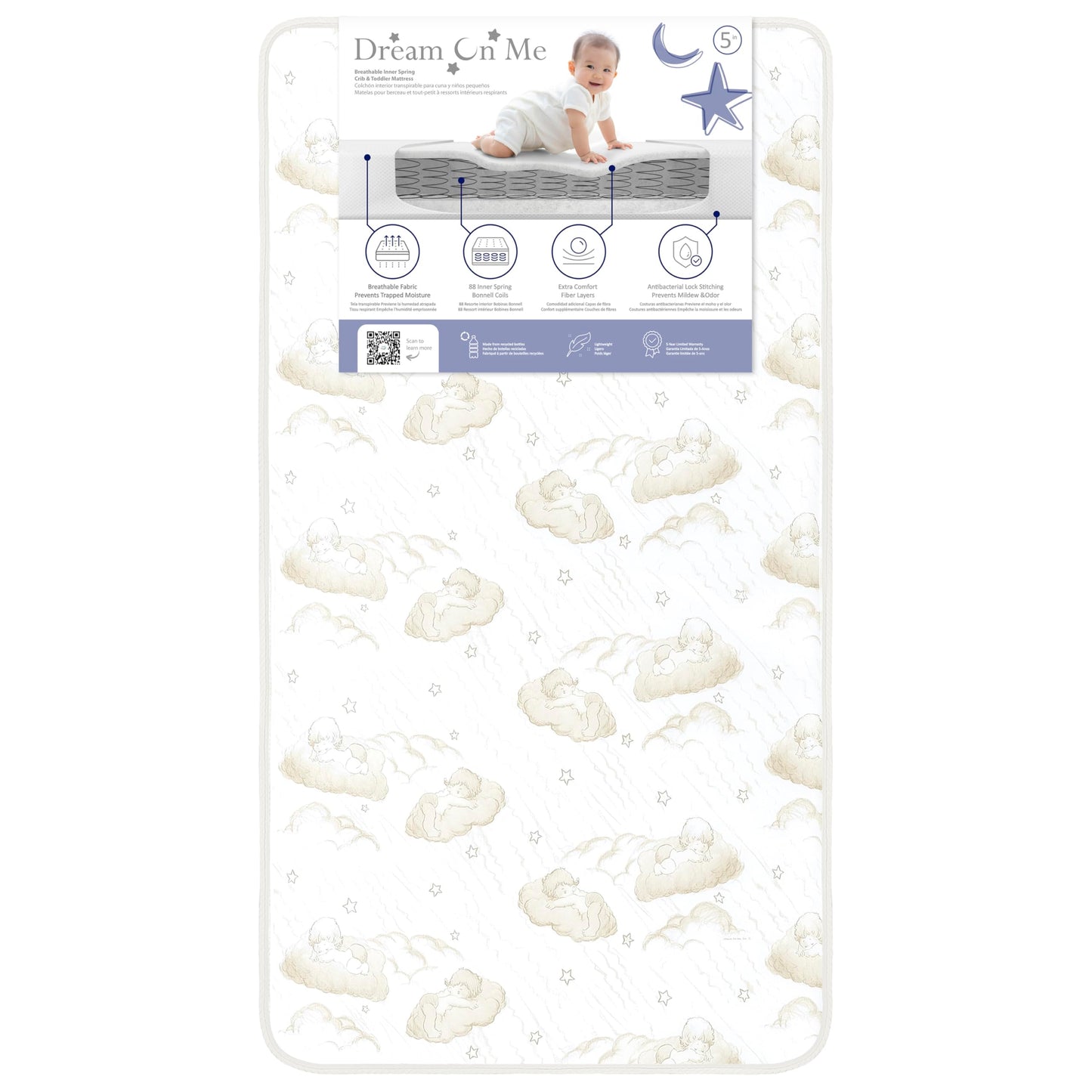Dream On Me Twilight 5” 2-in-1 Breathable Spring Coil Crib & Toddler Mattress – Firm Infant Side & Plush Toddler Side, Reversible Design, Waterproof Vinyl Cover, GREENGUARD Gold & BSA Certified