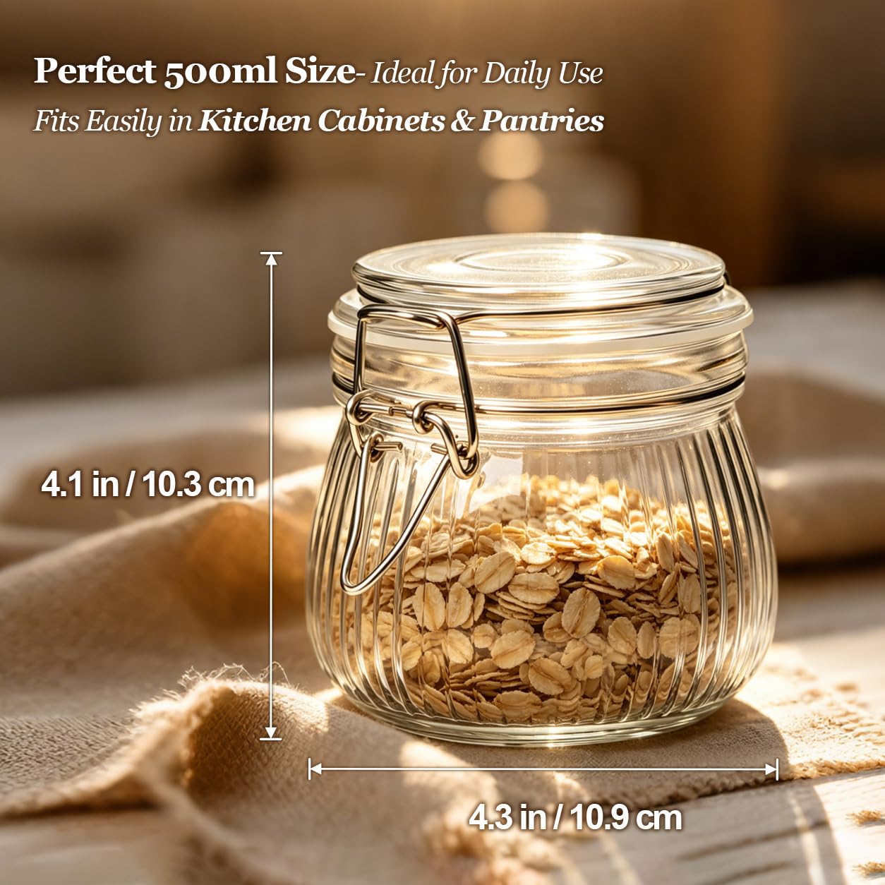 ComSaf 6-Pack 17oz Ribbed Glass Storage Jars with Airtight Clamp Lids, Decorative Wide Mouth Pint Canisters for Jam, Spices, Nuts, Coffee Beans, Snacks, Honey - Kitchen Pantry and Drawer Organization